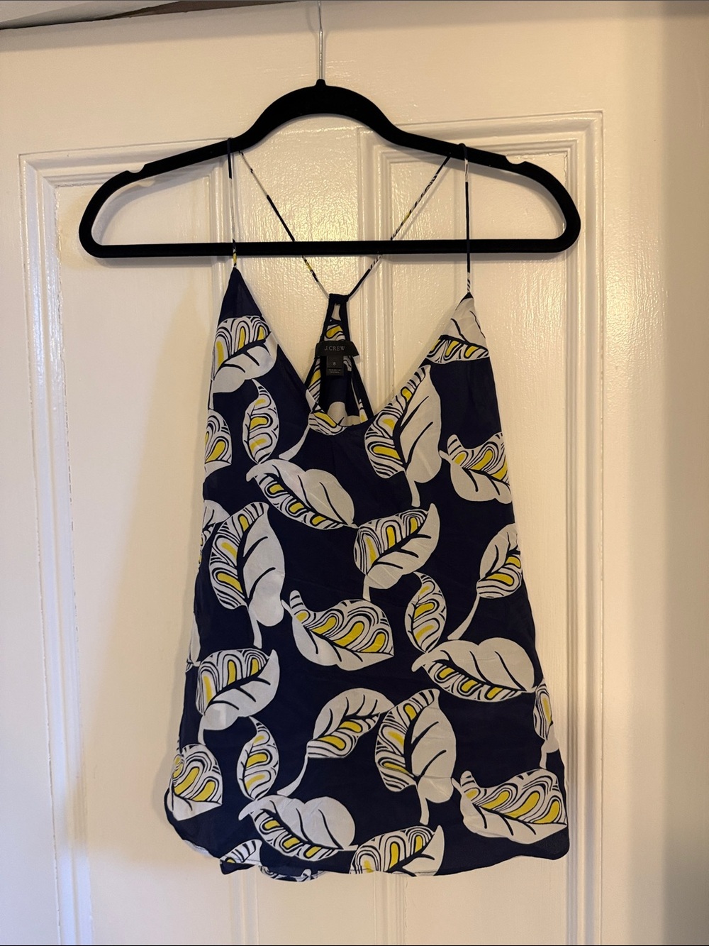 J.Crew Navy Yellow White Leaf Print Halter Tank Top size 8 100 percent silk